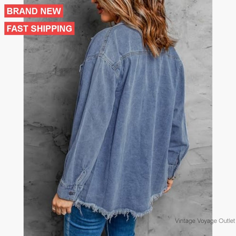 Oversized Denim Jacket With Button Front Frayed H… - image 3